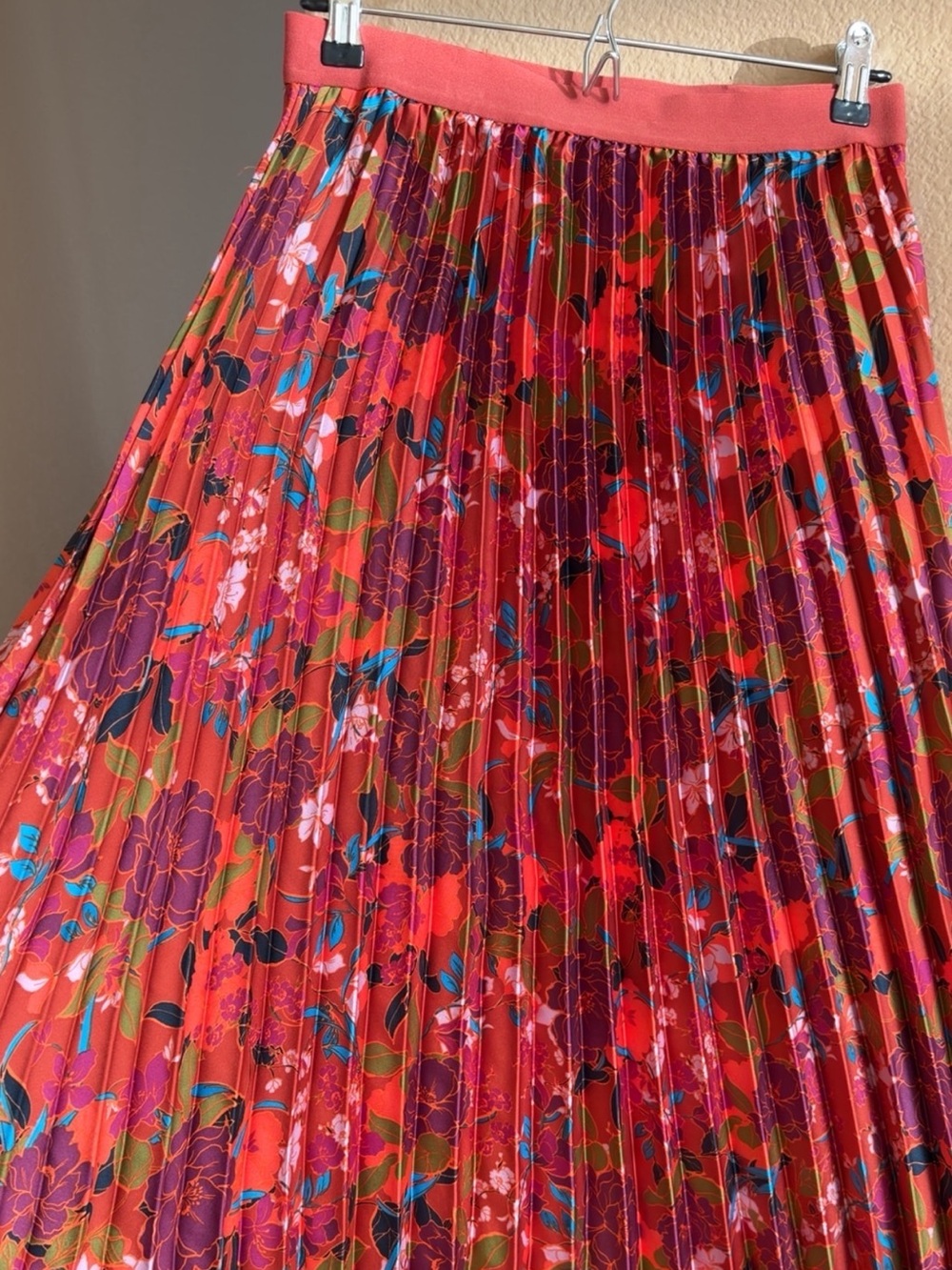 Floral Accordion Pleated Maxi Skirt Multicolor Coral Red Purple Statement
